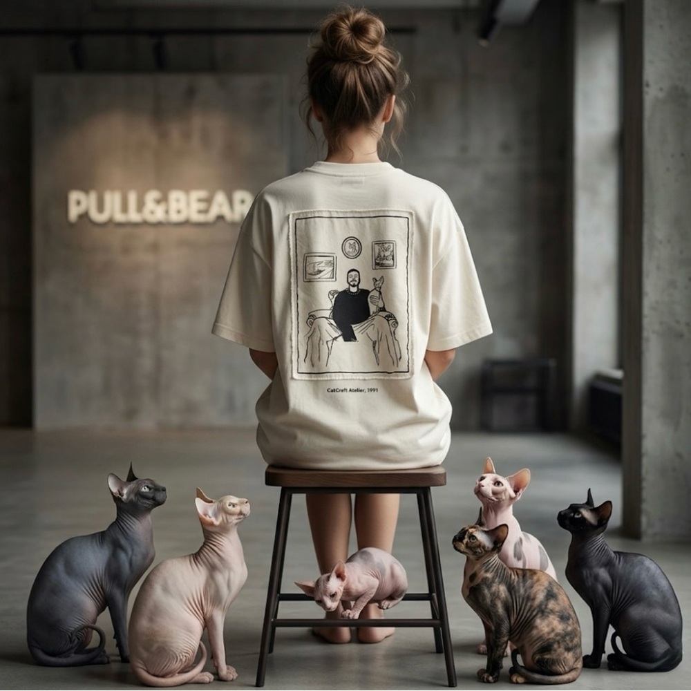 Authentic Pull&Bear signature designer cat CatCraft Atelier tee shirt sz L